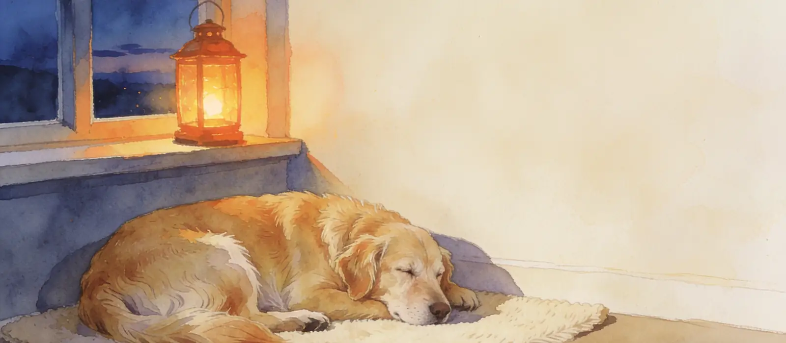 Illustration of a senior golden retriever sleeping on a cream rug beside a window at dusk, with a glowing lantern on the windowsill