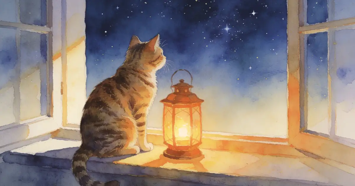 Illustration of a tabby cat sitting on a windowsill next to a glowing lantern, looking at a starry twilight sky