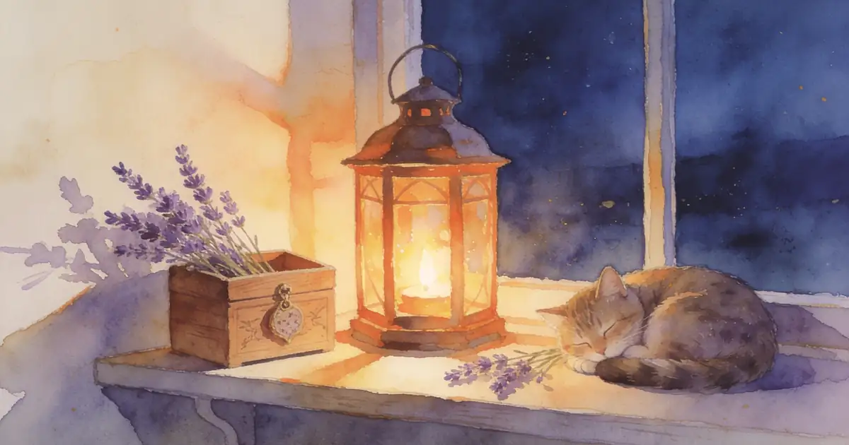 Illustration of a small wooden keepsake box on a shelf beside a lantern, lavender and a sleeping cat
